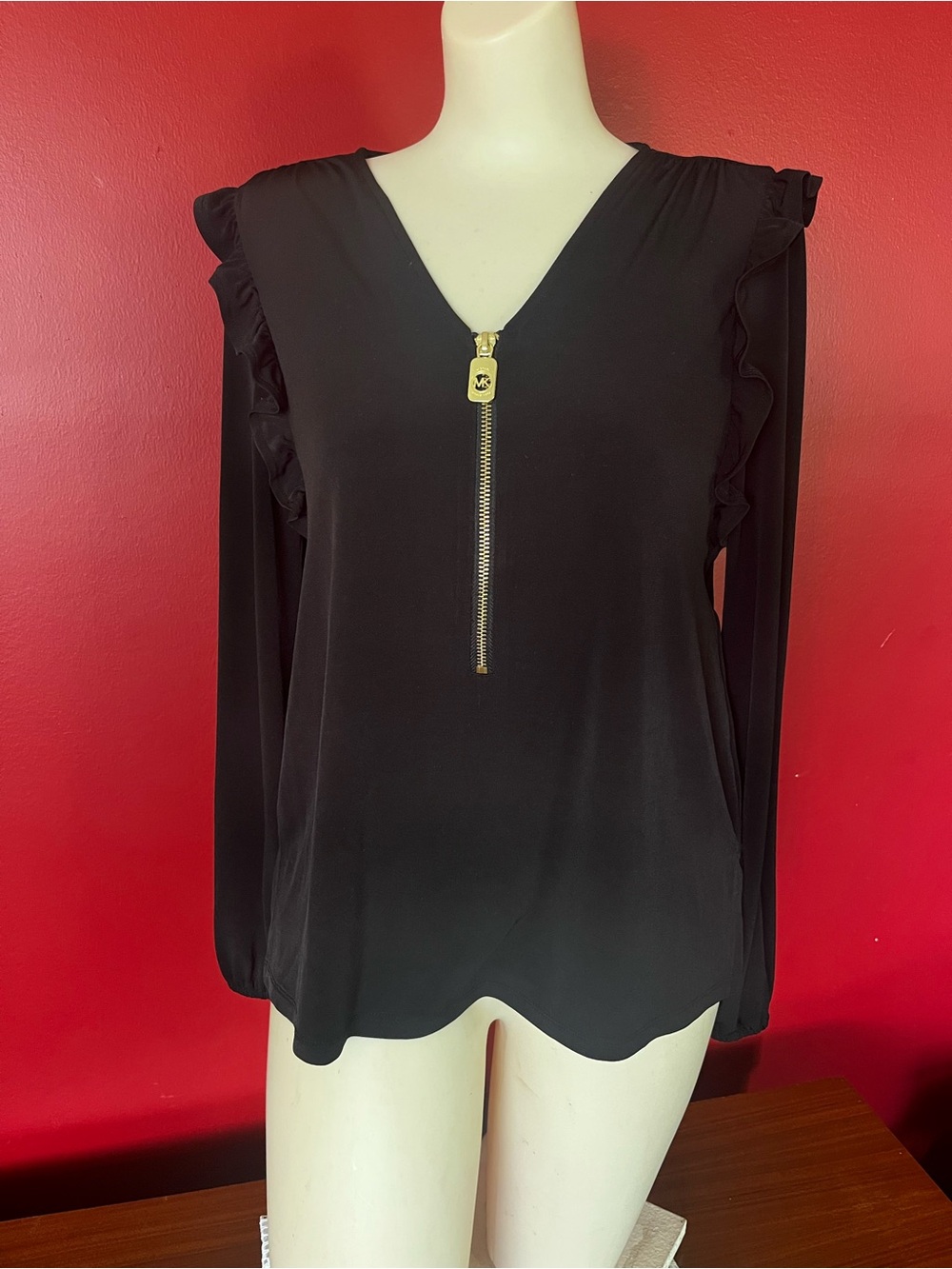 Like New Michael Kors Black V-Neck Long-Sleeve Top with Gold Zip Detail